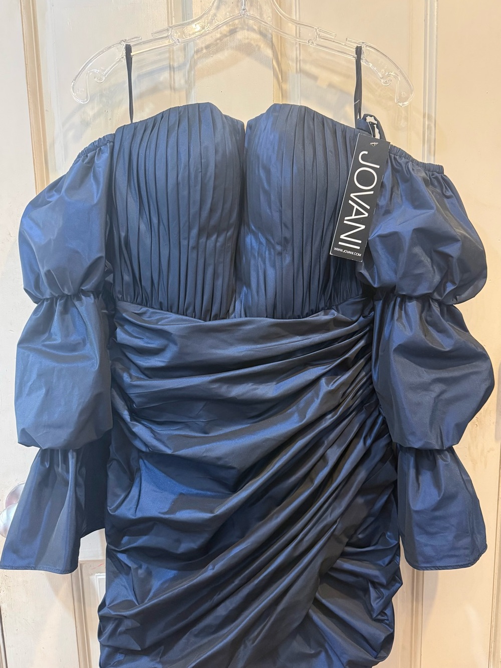 Jovani Navy Strapless Pleated Ruched Cocktail Dress with Puff Sleeves